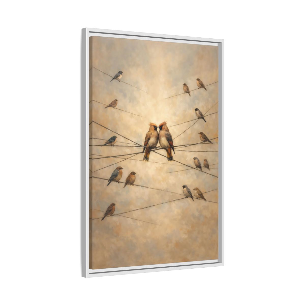 Side Mockup 11. Birds Nuzzling Birds Brown Birds shown as stretched canvas wall art