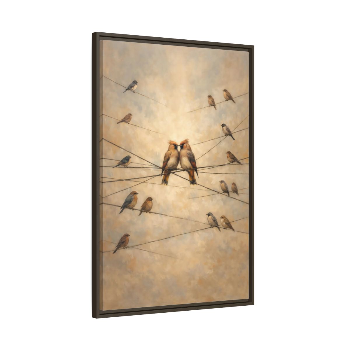 Side Mockup 10. Birds Nuzzling Birds Brown Birds shown as stretched canvas wall art