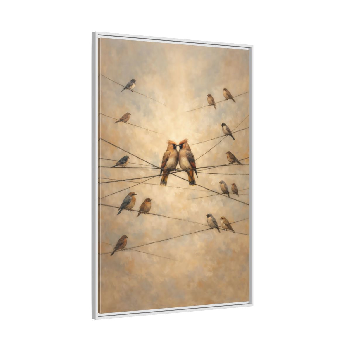 Side Mockup 7. Birds Nuzzling Birds Brown Birds shown as stretched canvas wall art