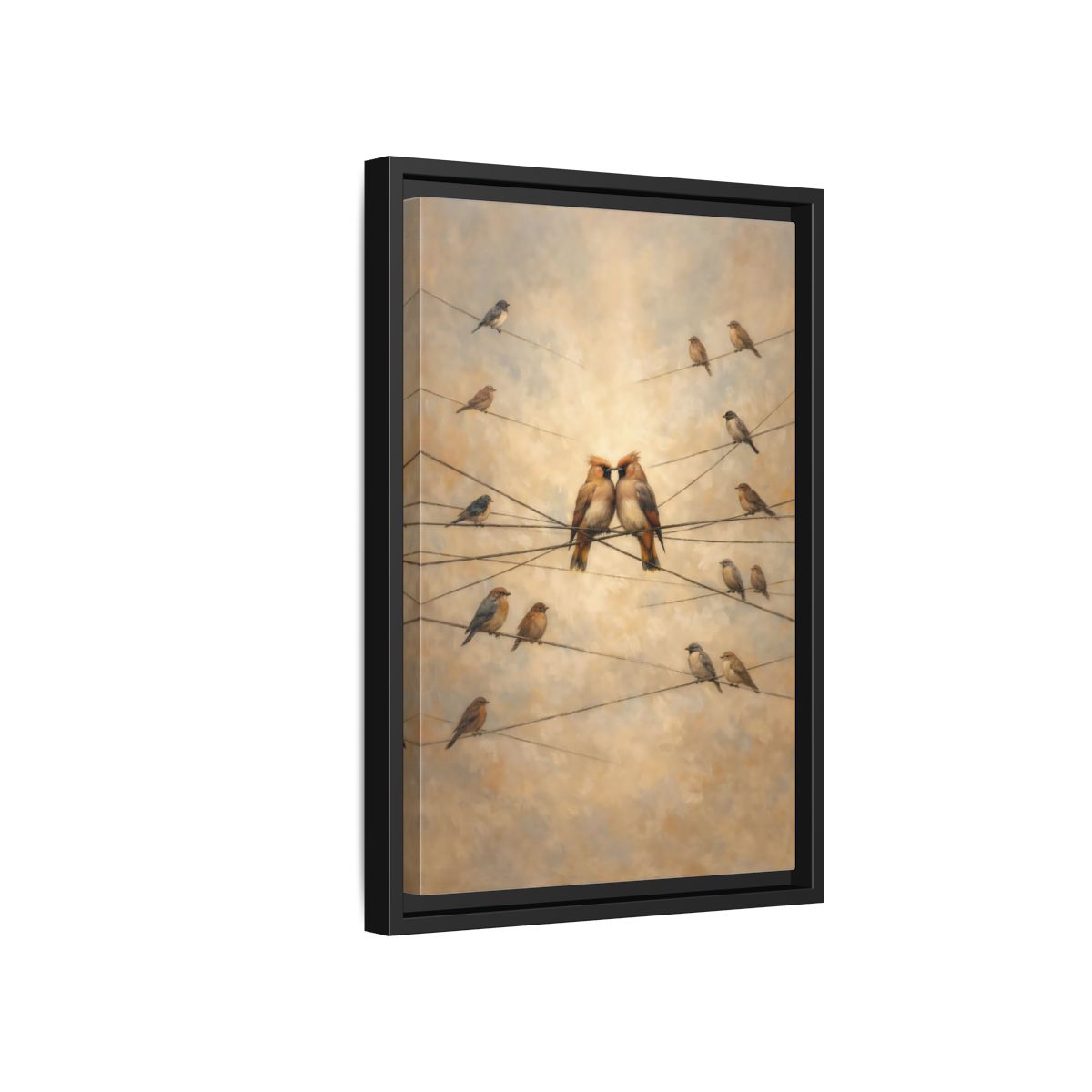 Side Mockup 6. Birds Nuzzling Birds Brown Birds shown as stretched canvas wall art