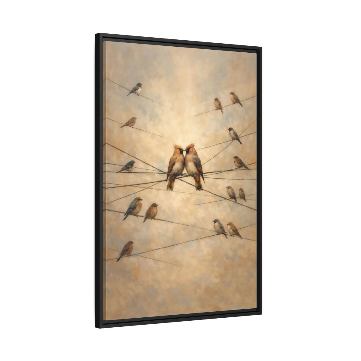 Side Mockup 13. Birds Nuzzling Birds Brown Birds shown as stretched canvas wall art