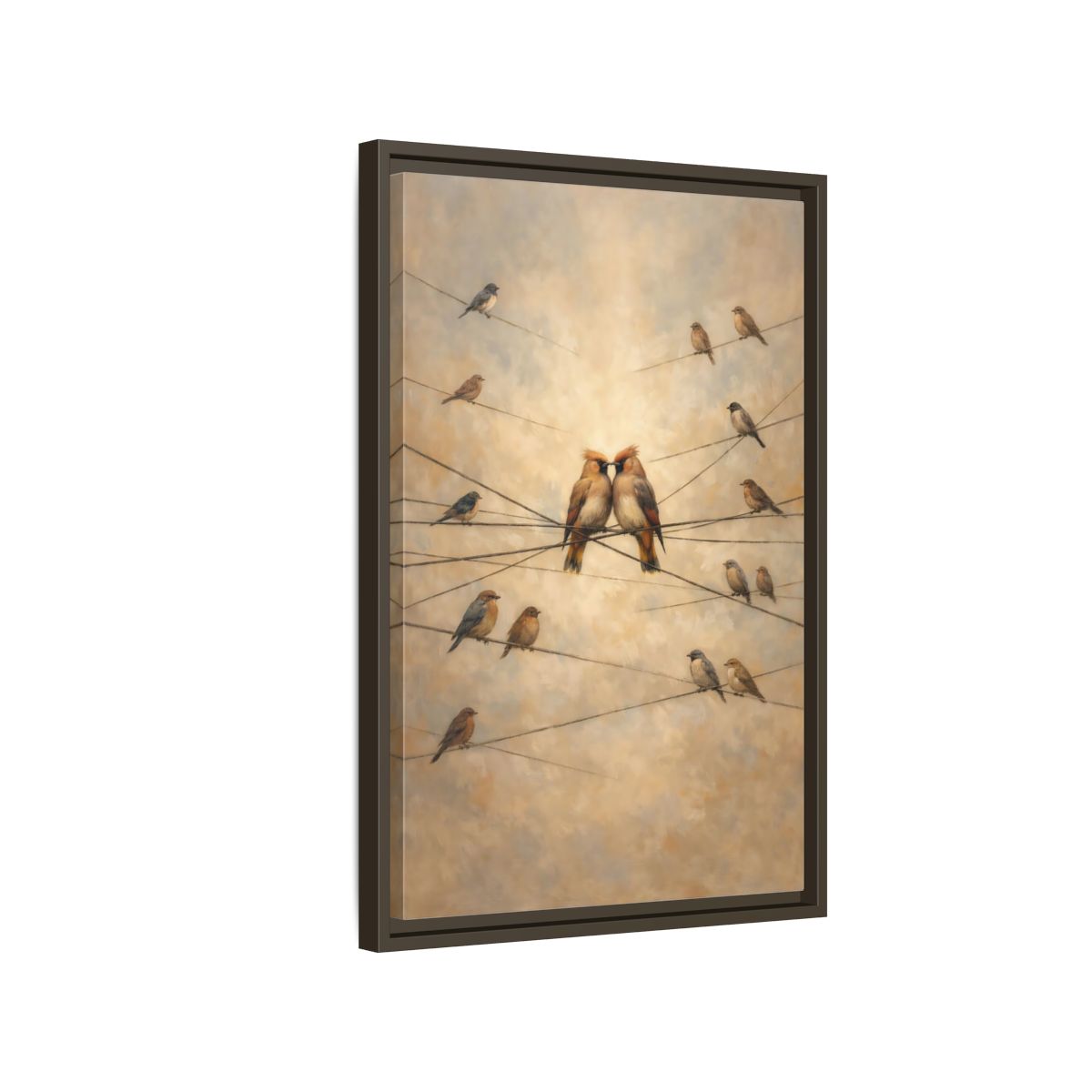 Side Mockup 2. Birds Nuzzling Birds Brown Birds shown as stretched canvas wall art