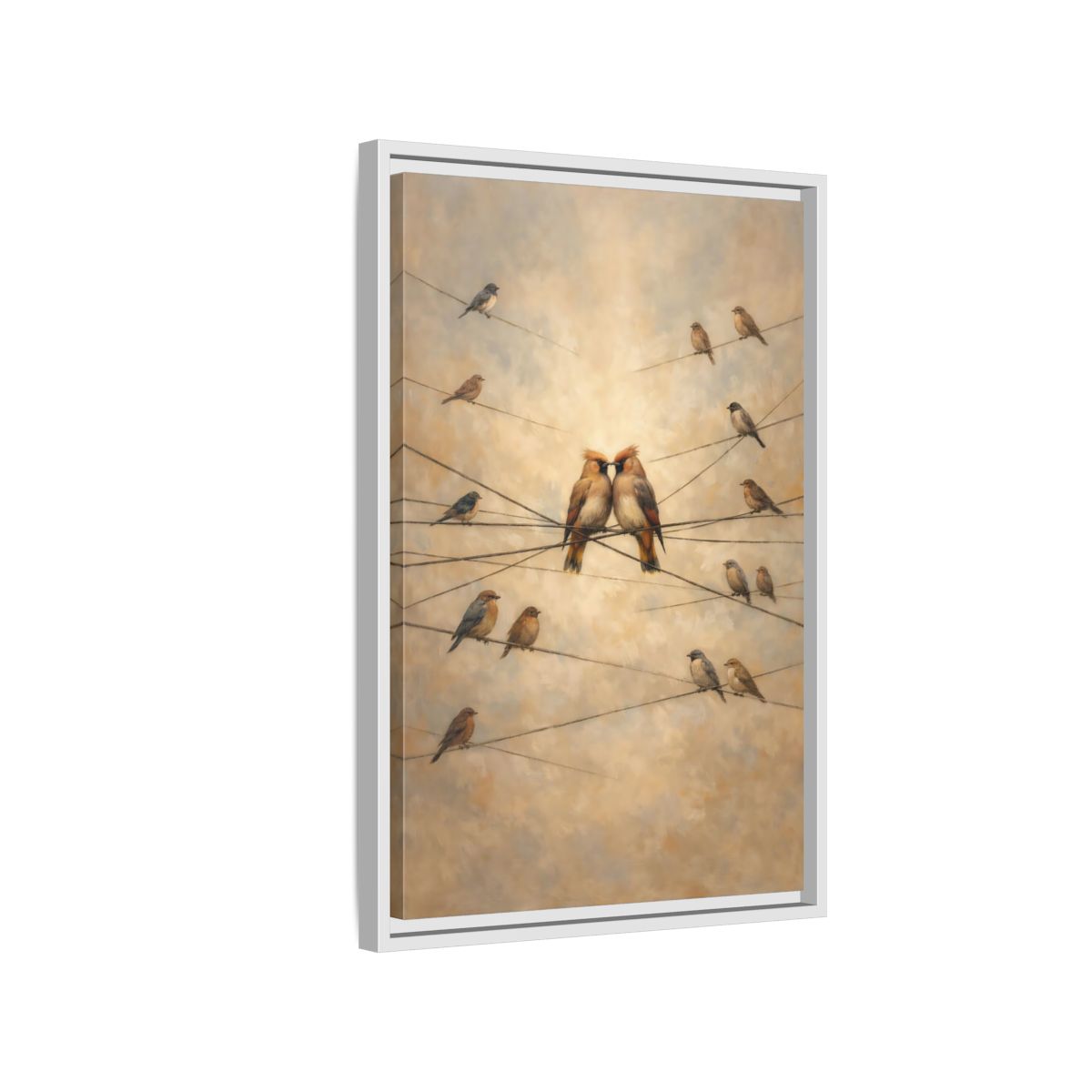 Side Mockup 1. Birds Nuzzling Birds Brown Birds shown as stretched canvas wall art