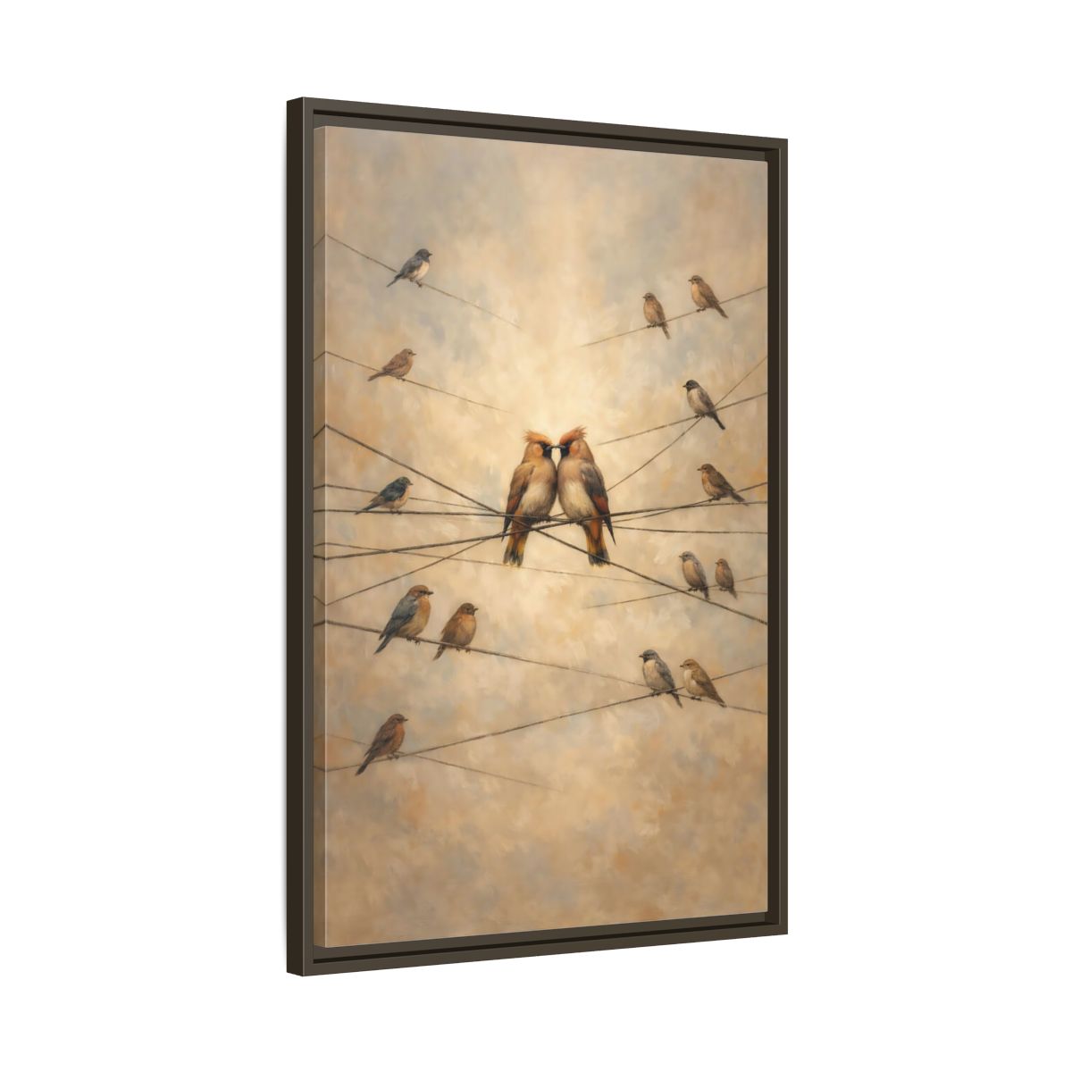 Side Mockup 12. Birds Nuzzling Birds Brown Birds shown as stretched canvas wall art