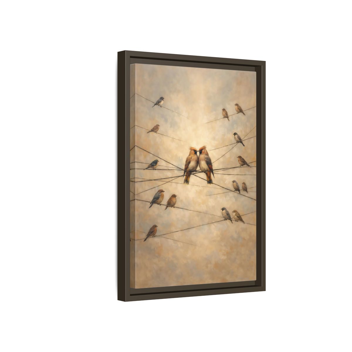 Side Mockup 5. Birds Nuzzling Birds Brown Birds shown as stretched canvas wall art