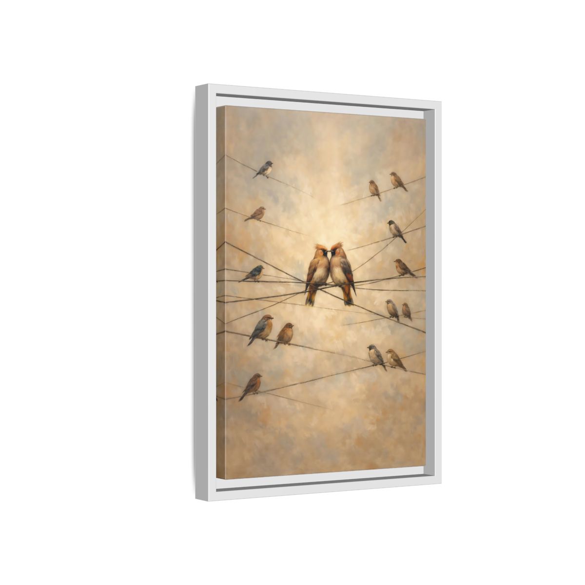Side Mockup 4. Birds Nuzzling Birds Brown Birds shown as stretched canvas wall art