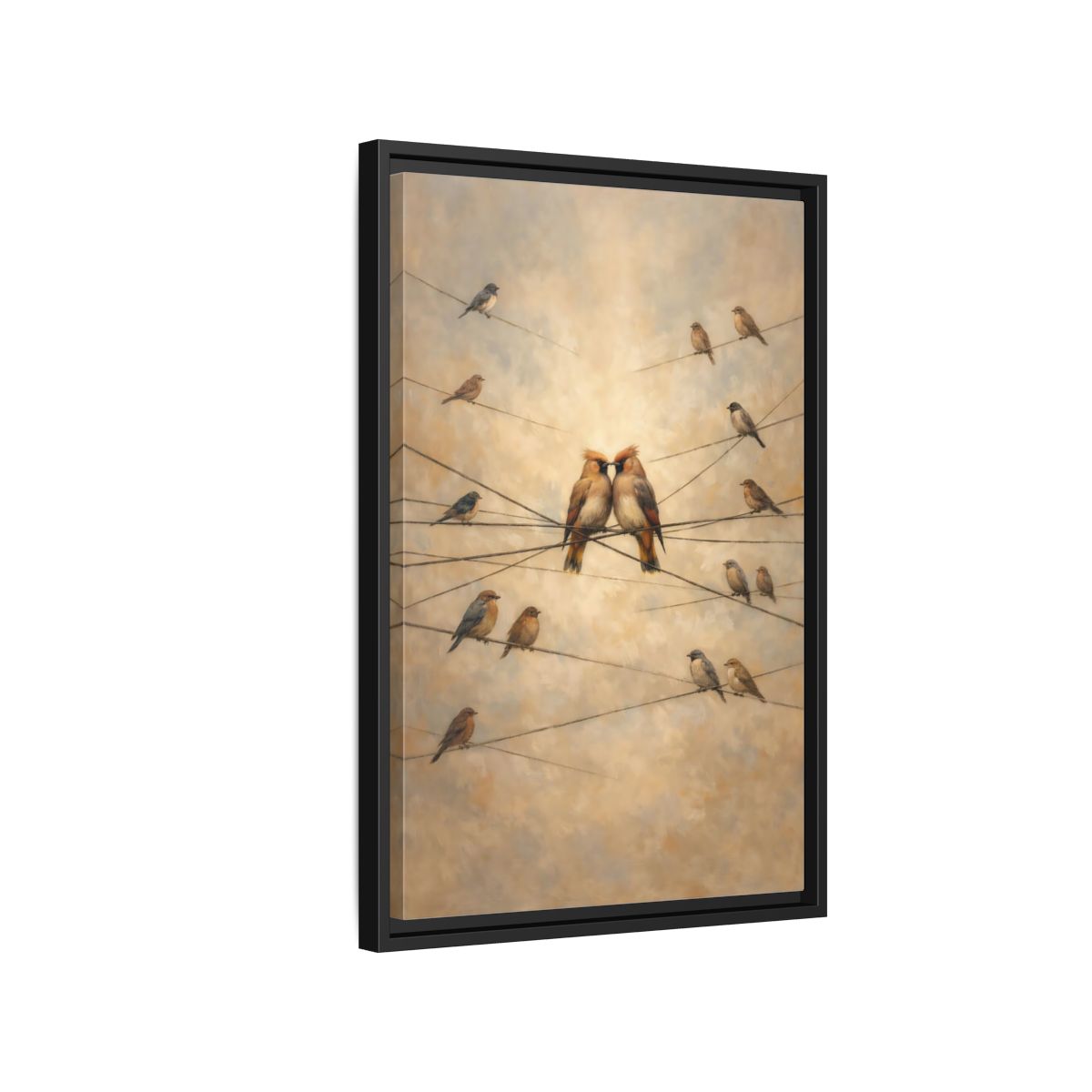 Side Mockup 3. Birds Nuzzling Birds Brown Birds shown as stretched canvas wall art