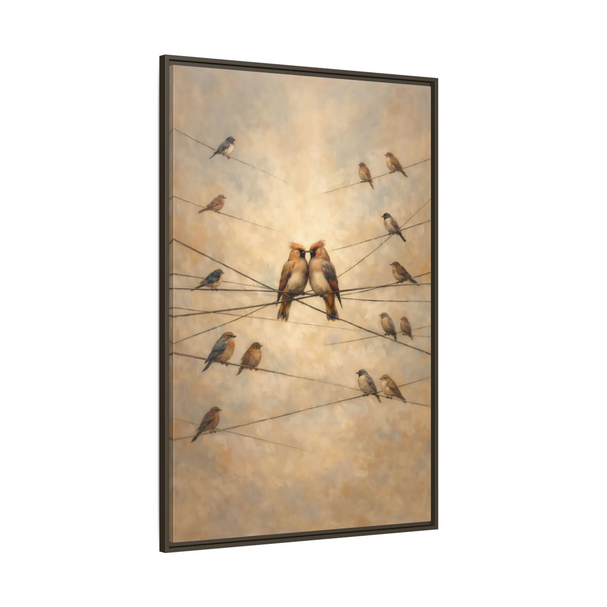 Side Mockup 8. Birds Nuzzling Birds Brown Birds shown as stretched canvas wall art