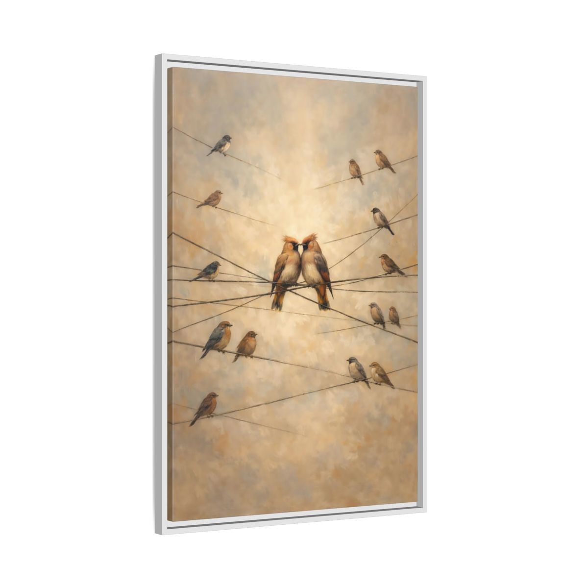 Side Mockup 9. Birds Nuzzling Birds Brown Birds shown as stretched canvas wall art