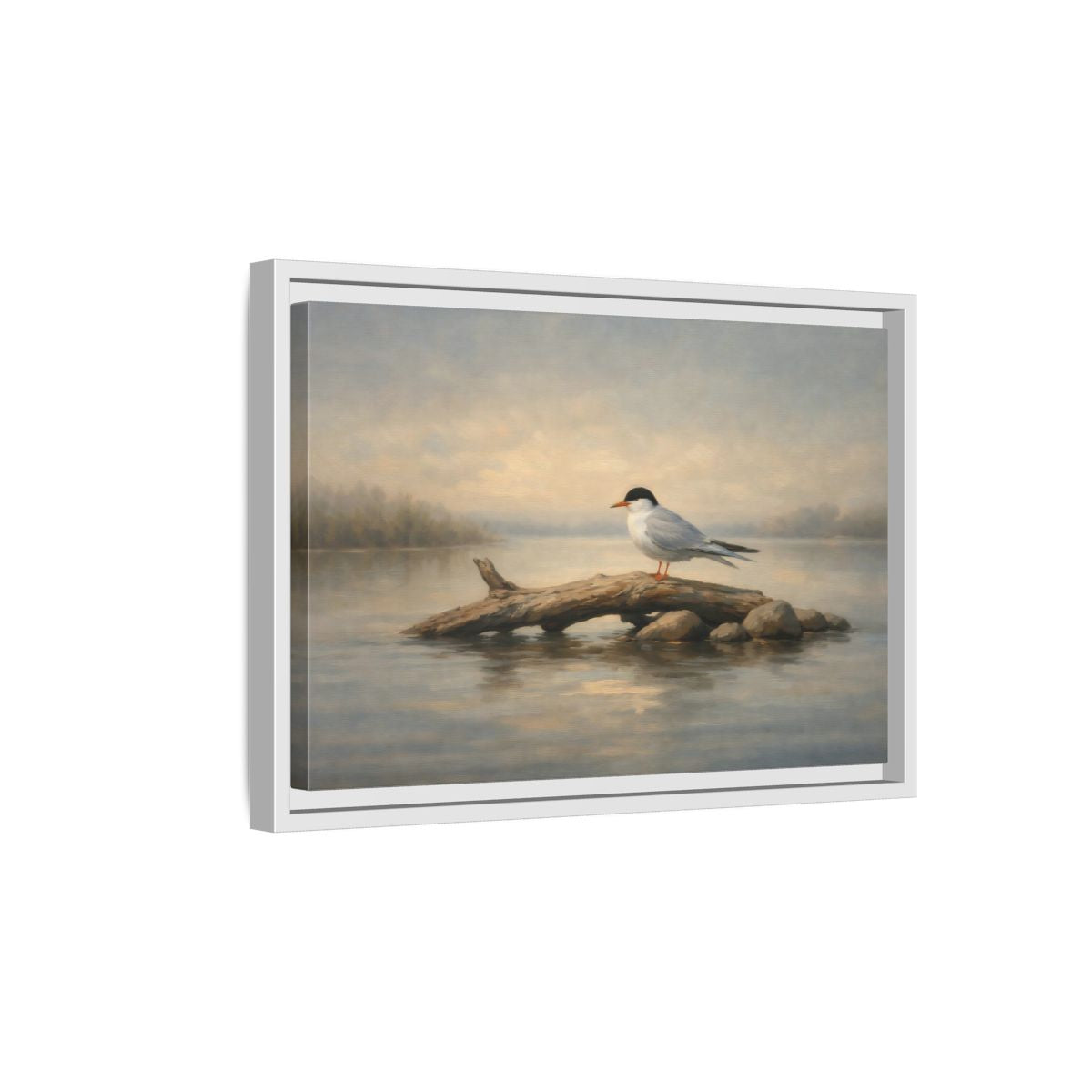 Side Mockup 4. Birds Bird On Log Misty Blue Bird shown as stretched canvas wall art