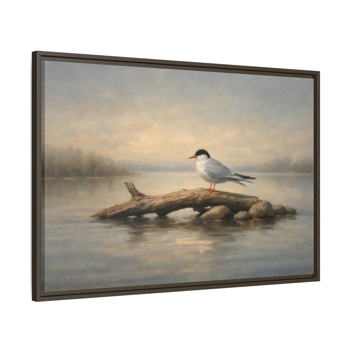 Side Mockup 9. Birds Bird On Log Misty Blue Bird shown as stretched canvas wall art