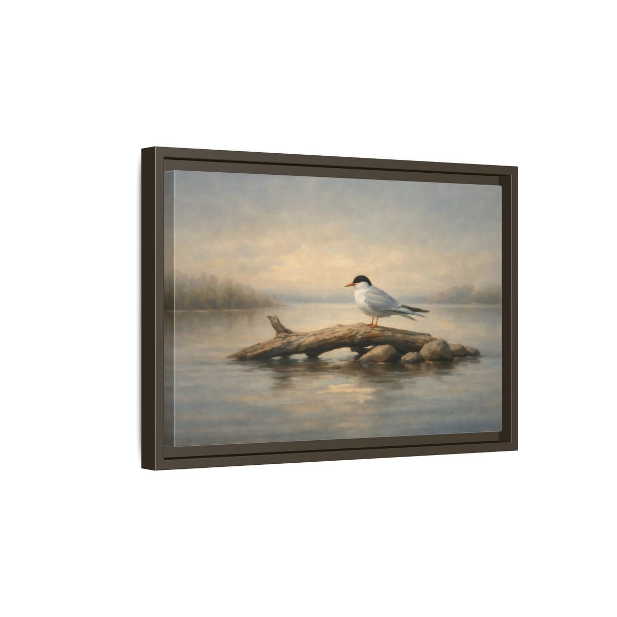 Side Mockup 5. Birds Bird On Log Misty Blue Bird shown as stretched canvas wall art