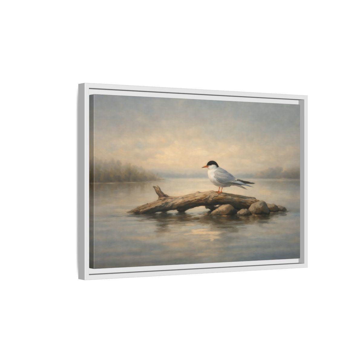 Side Mockup 1. Birds Bird On Log Misty Blue Bird shown as stretched canvas wall art