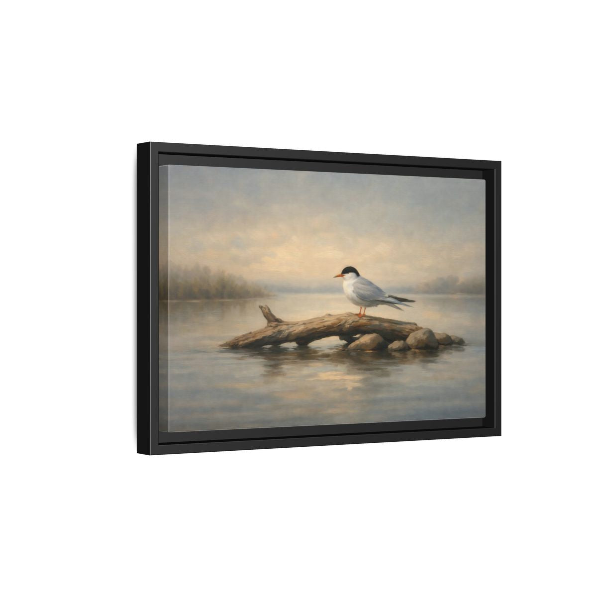 Side Mockup 6. Birds Bird On Log Misty Blue Bird shown as stretched canvas wall art