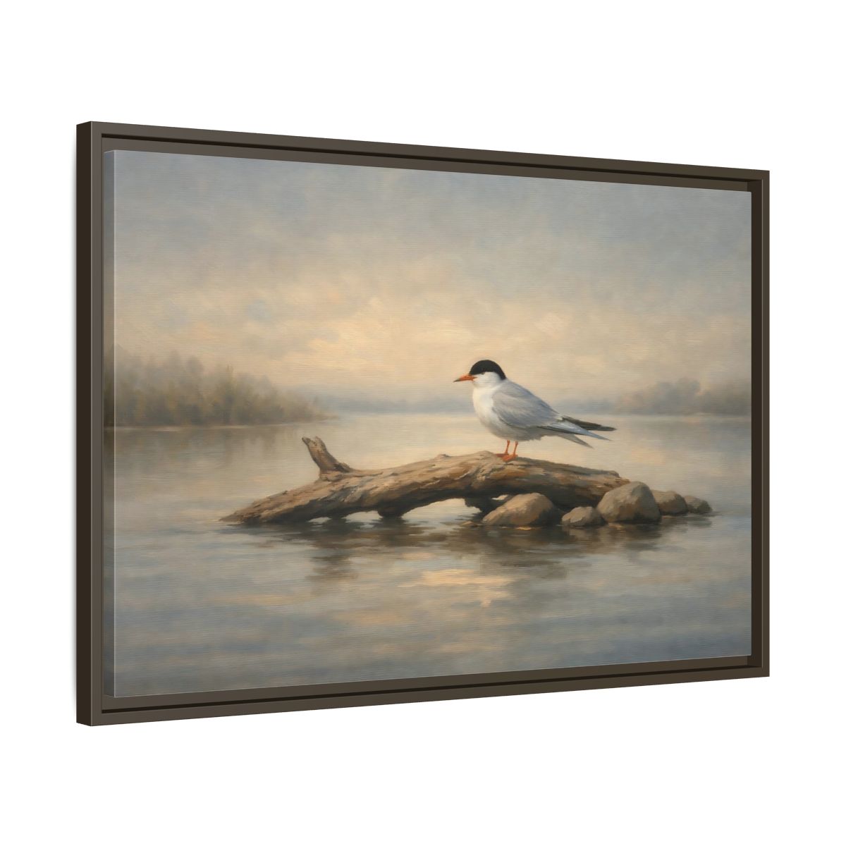 Side Mockup 11. Birds Bird On Log Misty Blue Bird shown as stretched canvas wall art