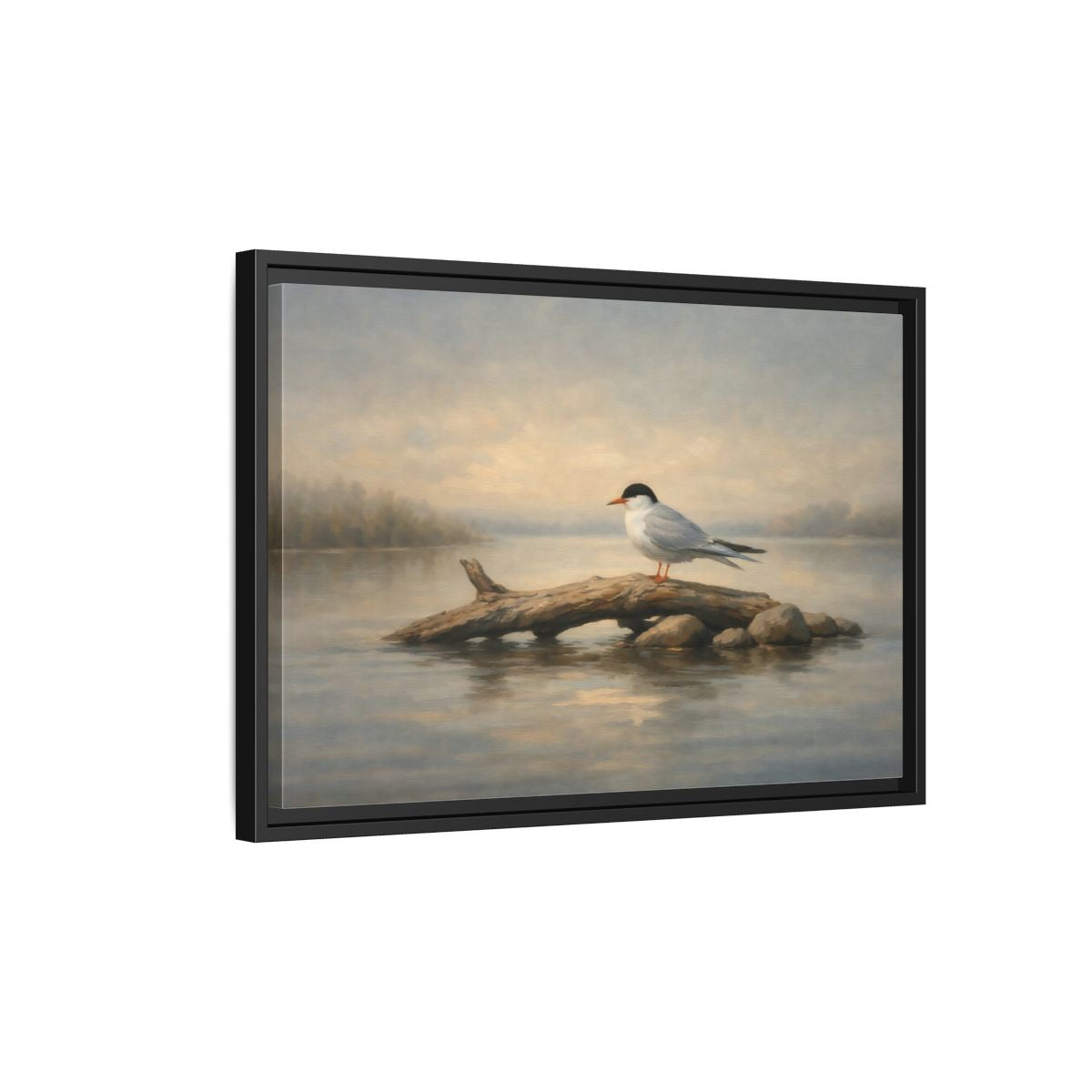 Side Mockup 3. Birds Bird On Log Misty Blue Bird shown as stretched canvas wall art