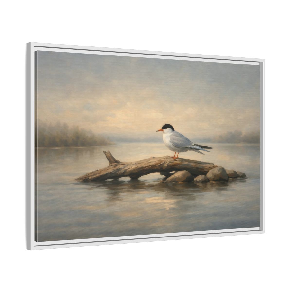Side Mockup 8. Birds Bird On Log Misty Blue Bird shown as stretched canvas wall art