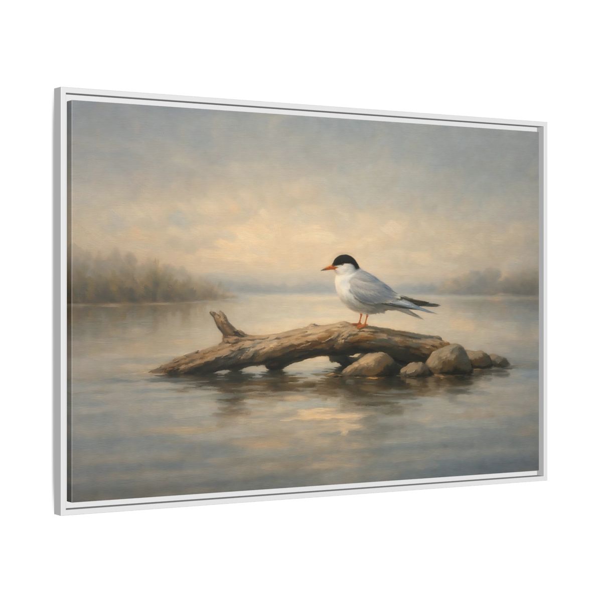 Side Mockup 7. Birds Bird On Log Misty Blue Bird shown as stretched canvas wall art