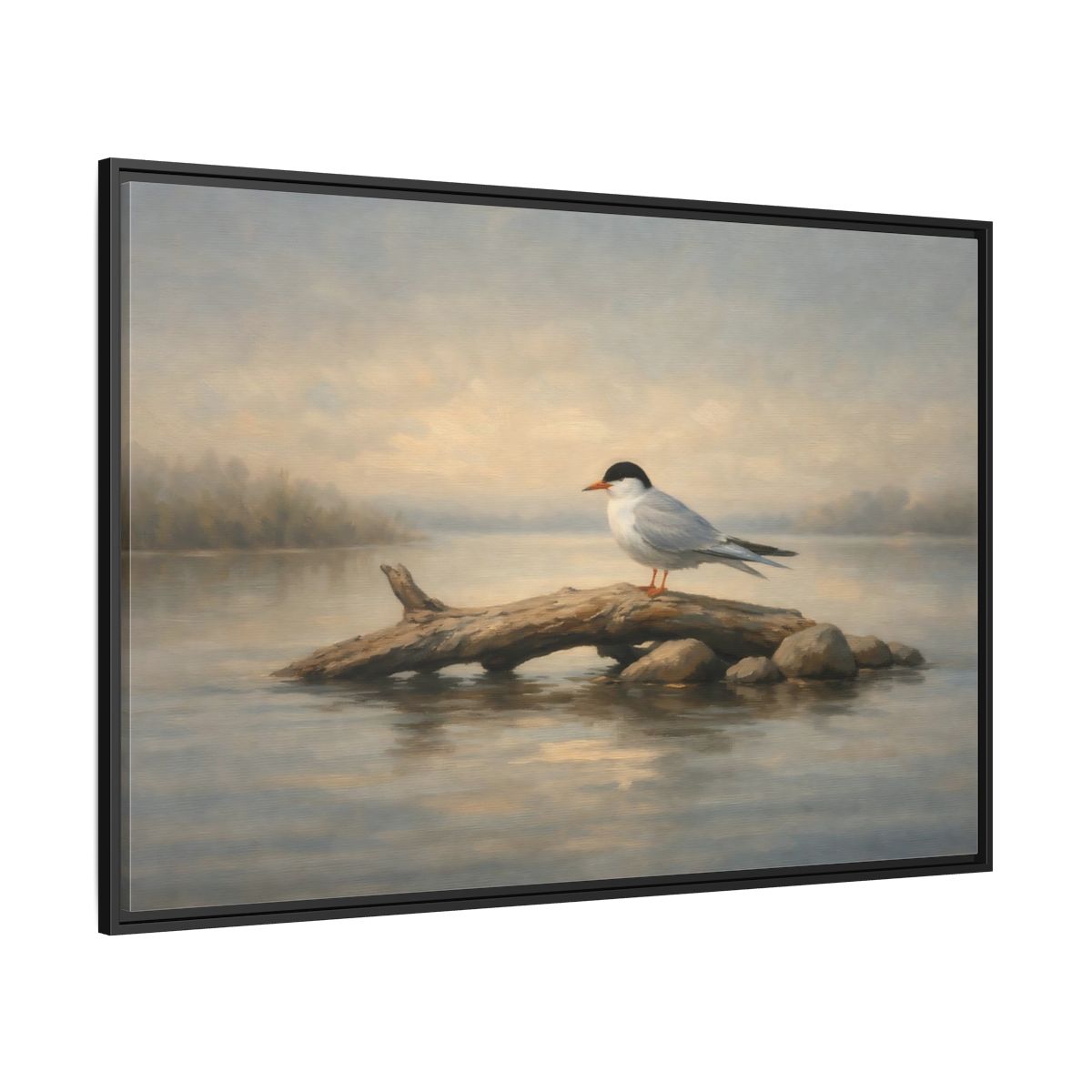 Side Mockup 12. Birds Bird On Log Misty Blue Bird shown as stretched canvas wall art
