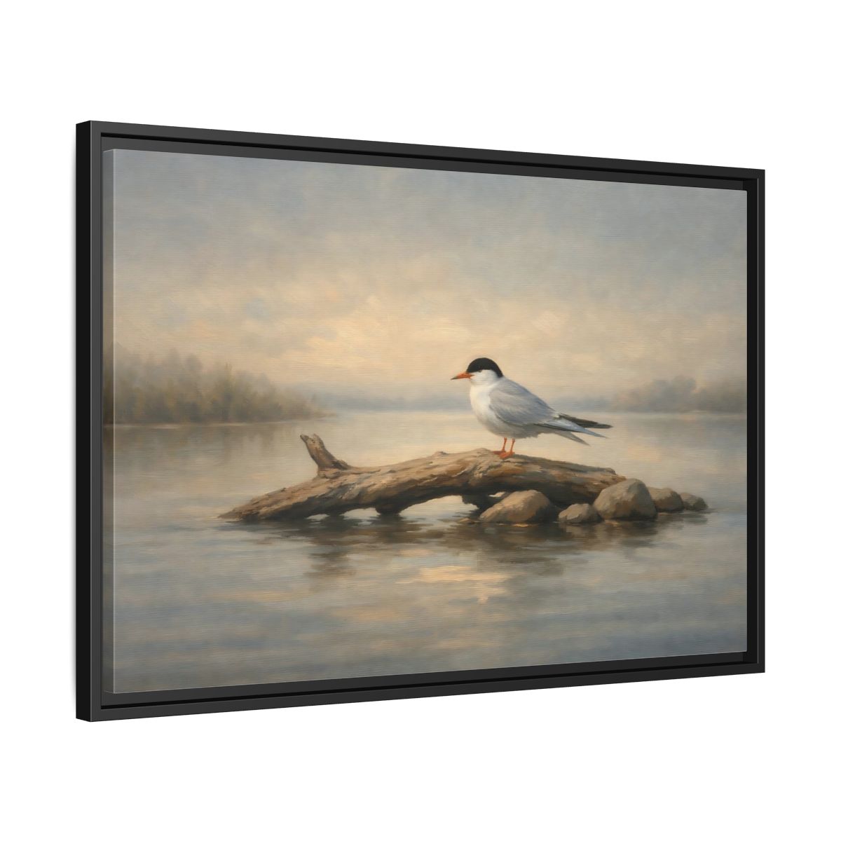 Side Mockup 14. Birds Bird On Log Misty Blue Bird shown as stretched canvas wall art