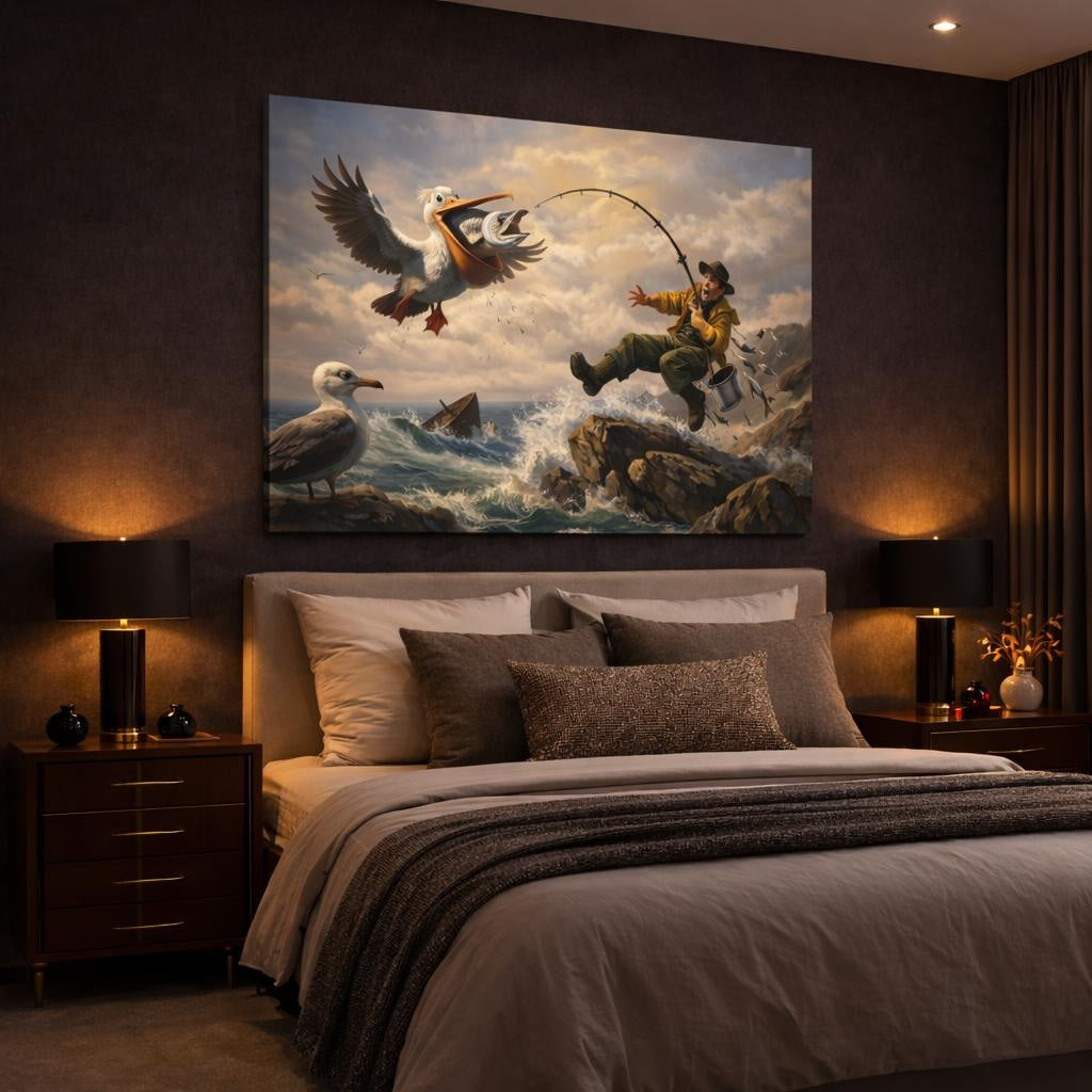 Birds Pelican Blue Brown Yellow shown as canvas wall art in a luxury bedroom