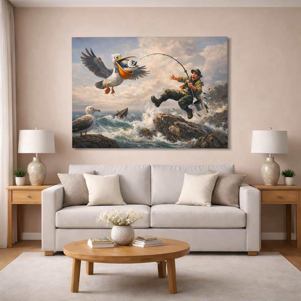 Birds Pelican Blue Brown Yellow shown as canvas wall art in a modern living room