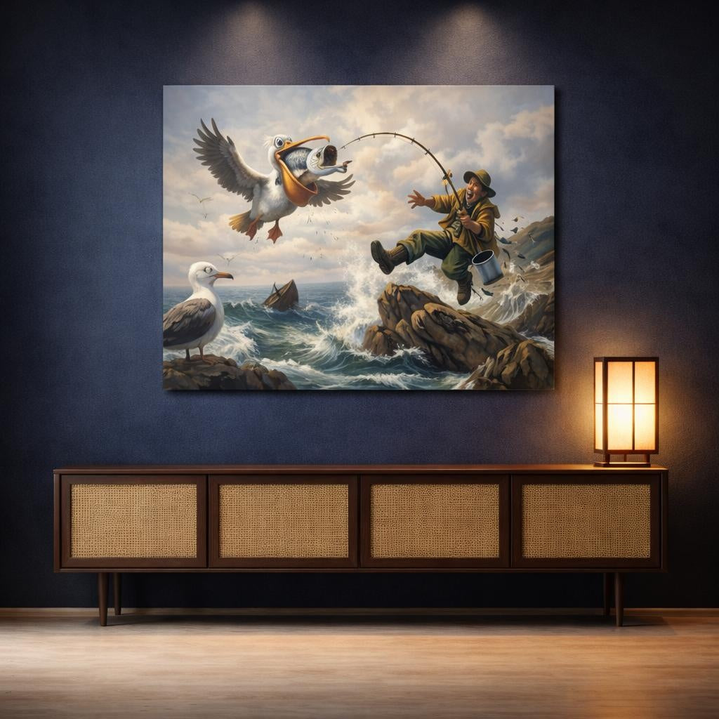 Birds Pelican Blue Brown Yellow shown as canvas wall art in a sophisticated contemporary living space