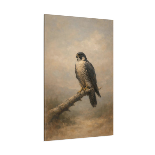 Main Mockup. Birds Peregrine Falcon Brown And Grey shown as stretched canvas wall art