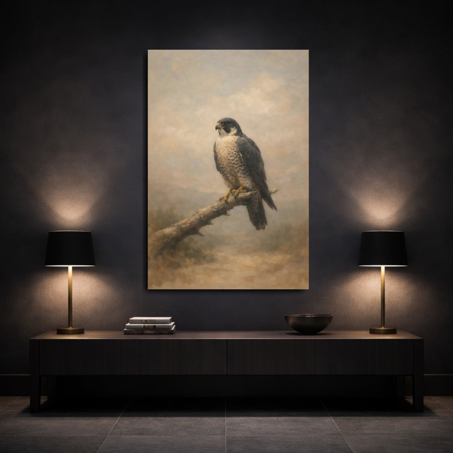 Mockup 2. Birds Peregrine Falcon Brown And Grey shown as stretched canvas wall art