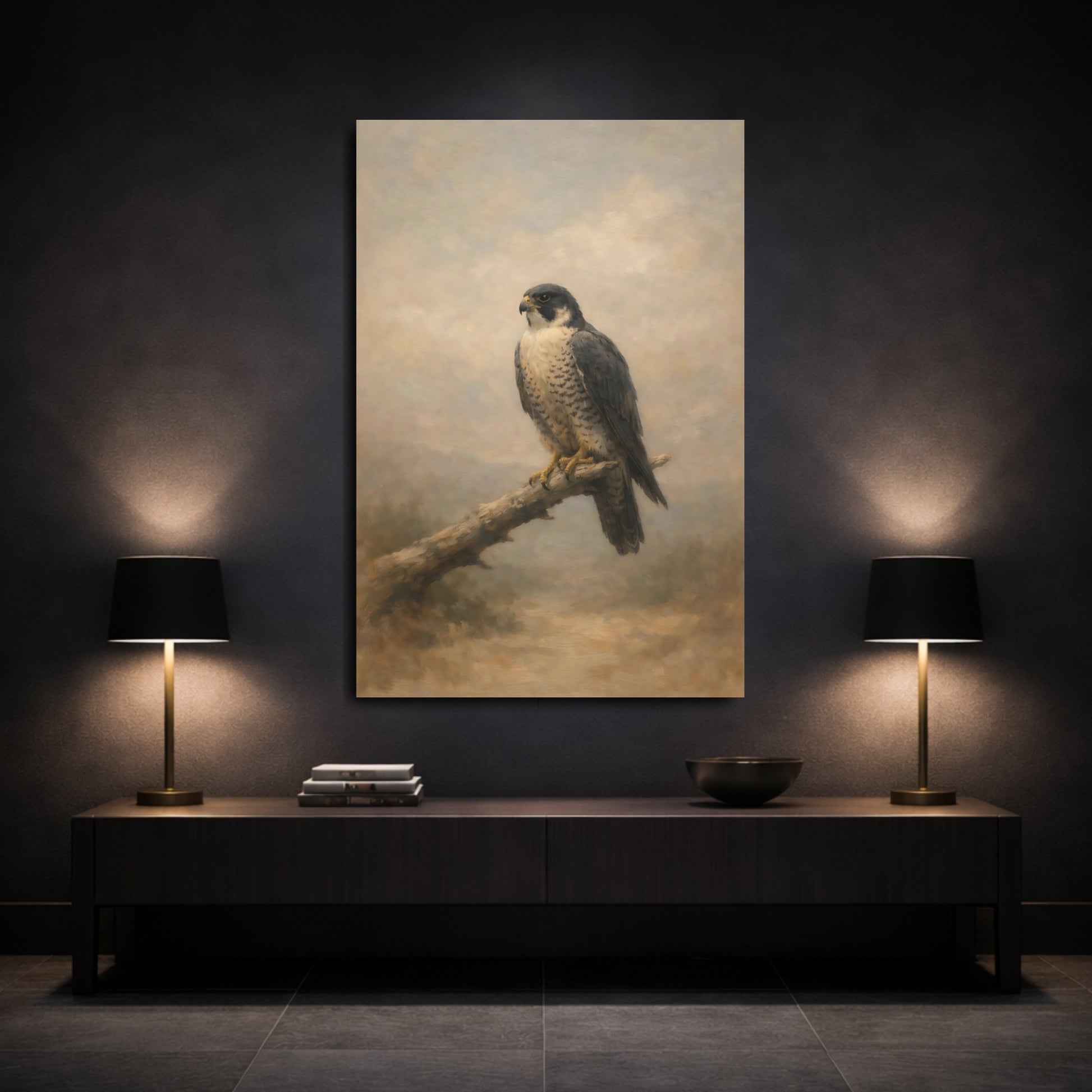 Mockup 2. Birds Peregrine Falcon Brown And Grey shown as stretched canvas wall art