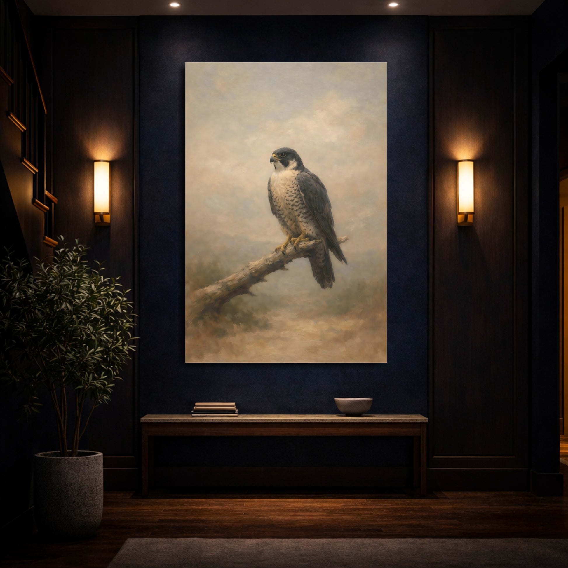 Mockup 3. Birds Peregrine Falcon Brown And Grey shown as stretched canvas wall art