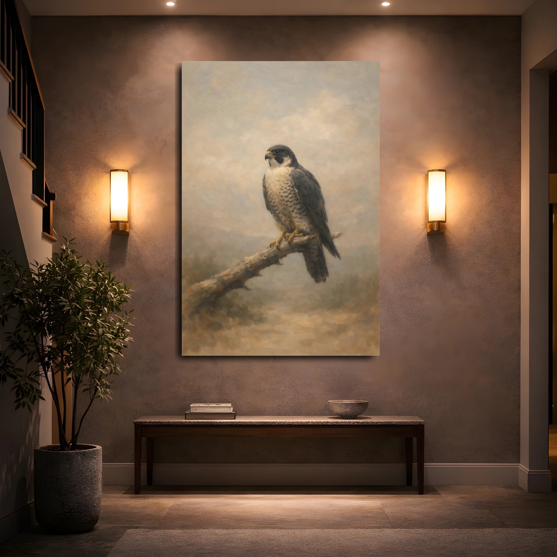 Mockup 4. Birds Peregrine Falcon Brown And Grey shown as stretched canvas wall art