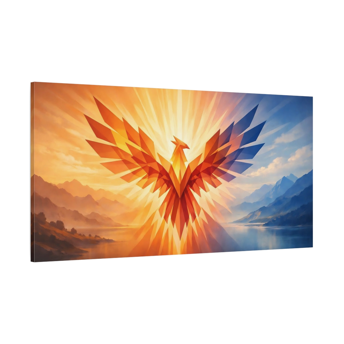 Main Mockup. Birds Phoenix Orange Blue Phoenix shown as stretched canvas wall art