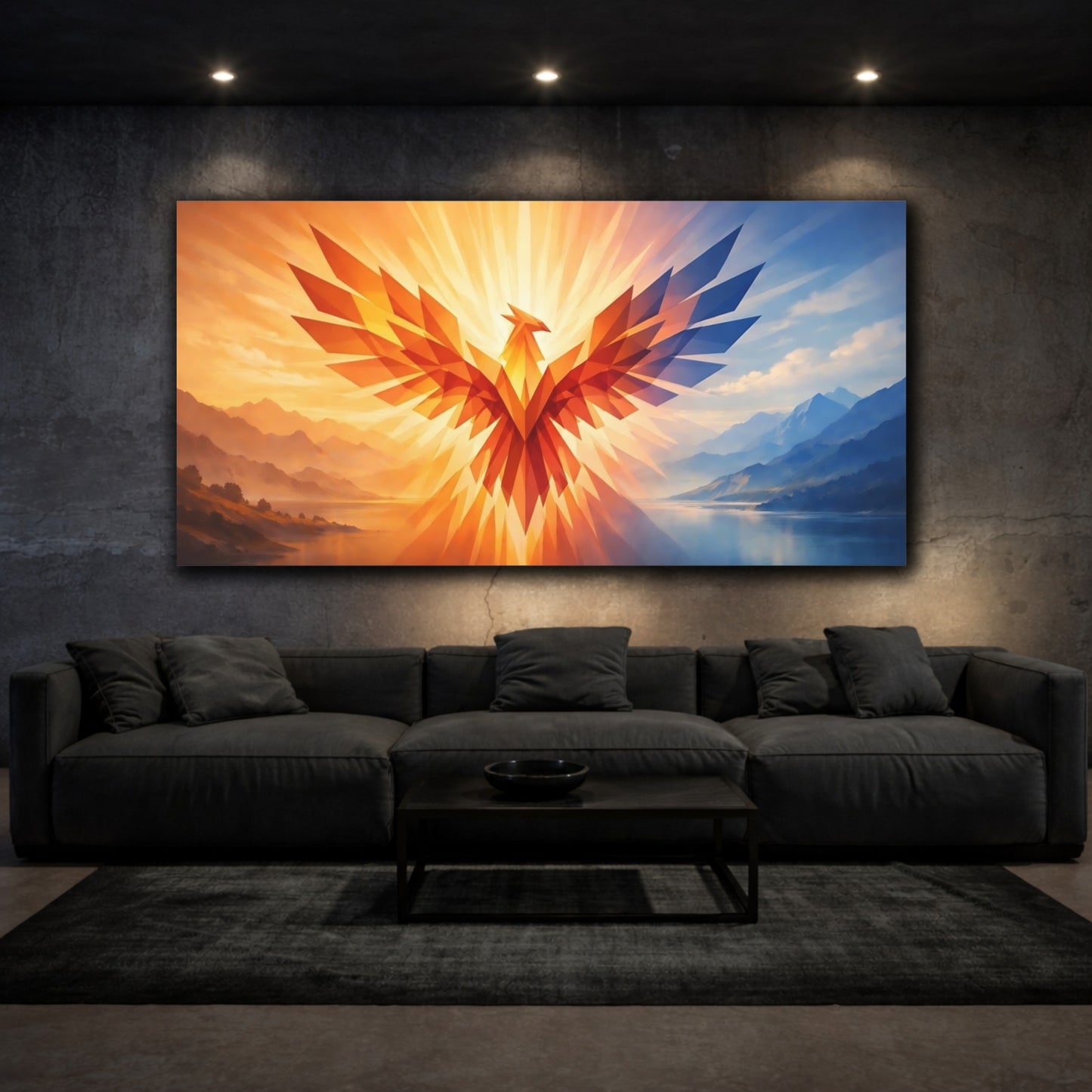 Mockup 2. Birds Phoenix Orange Blue Phoenix shown as stretched canvas wall art