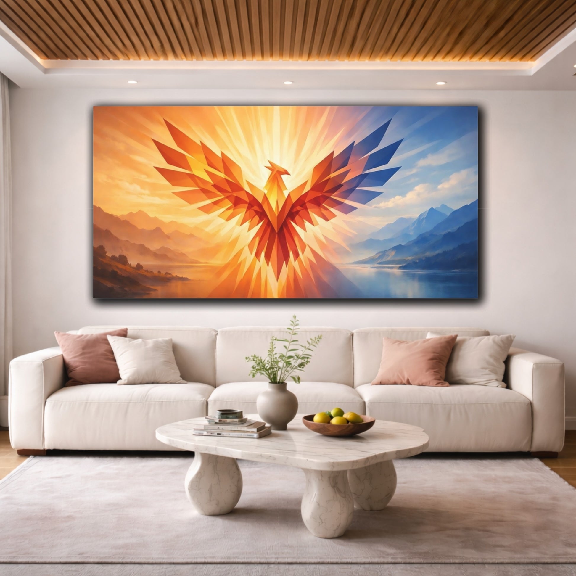 Mockup 3. Birds Phoenix Orange Blue Phoenix shown as stretched canvas wall art