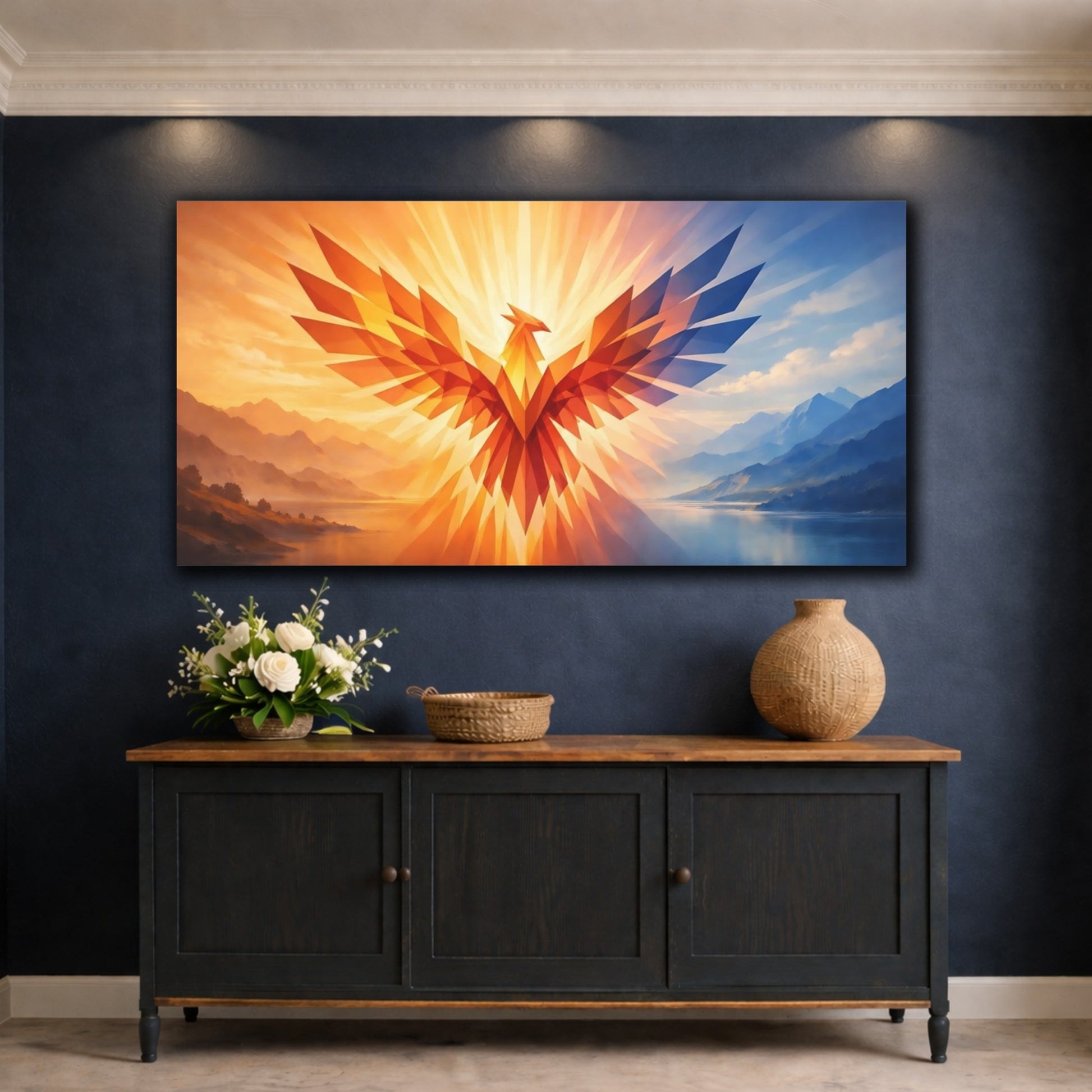 Mockup 4. Birds Phoenix Orange Blue Phoenix shown as stretched canvas wall art