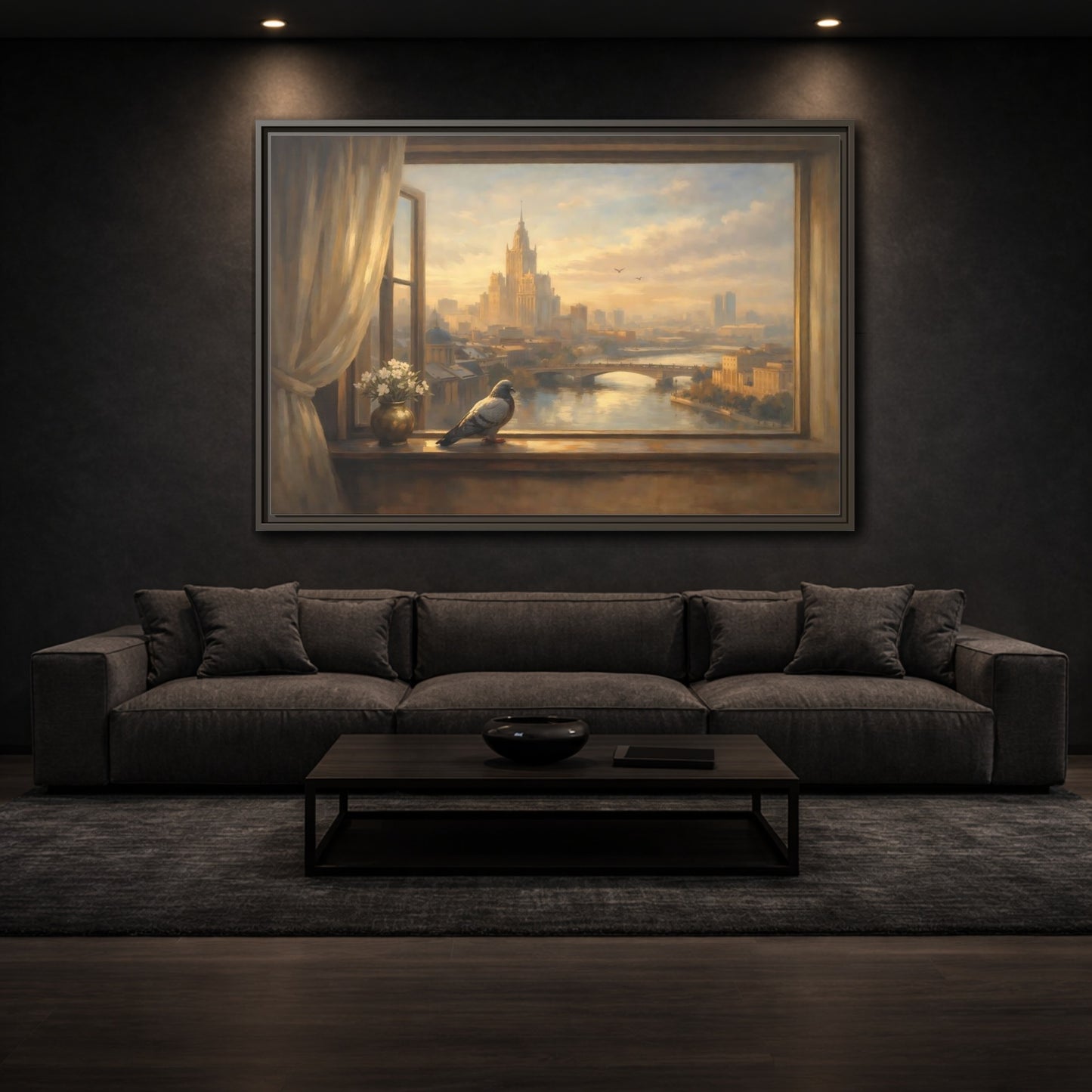 Mockup 2. Birds Pigeon Brown And Gold shown as stretched canvas wall art