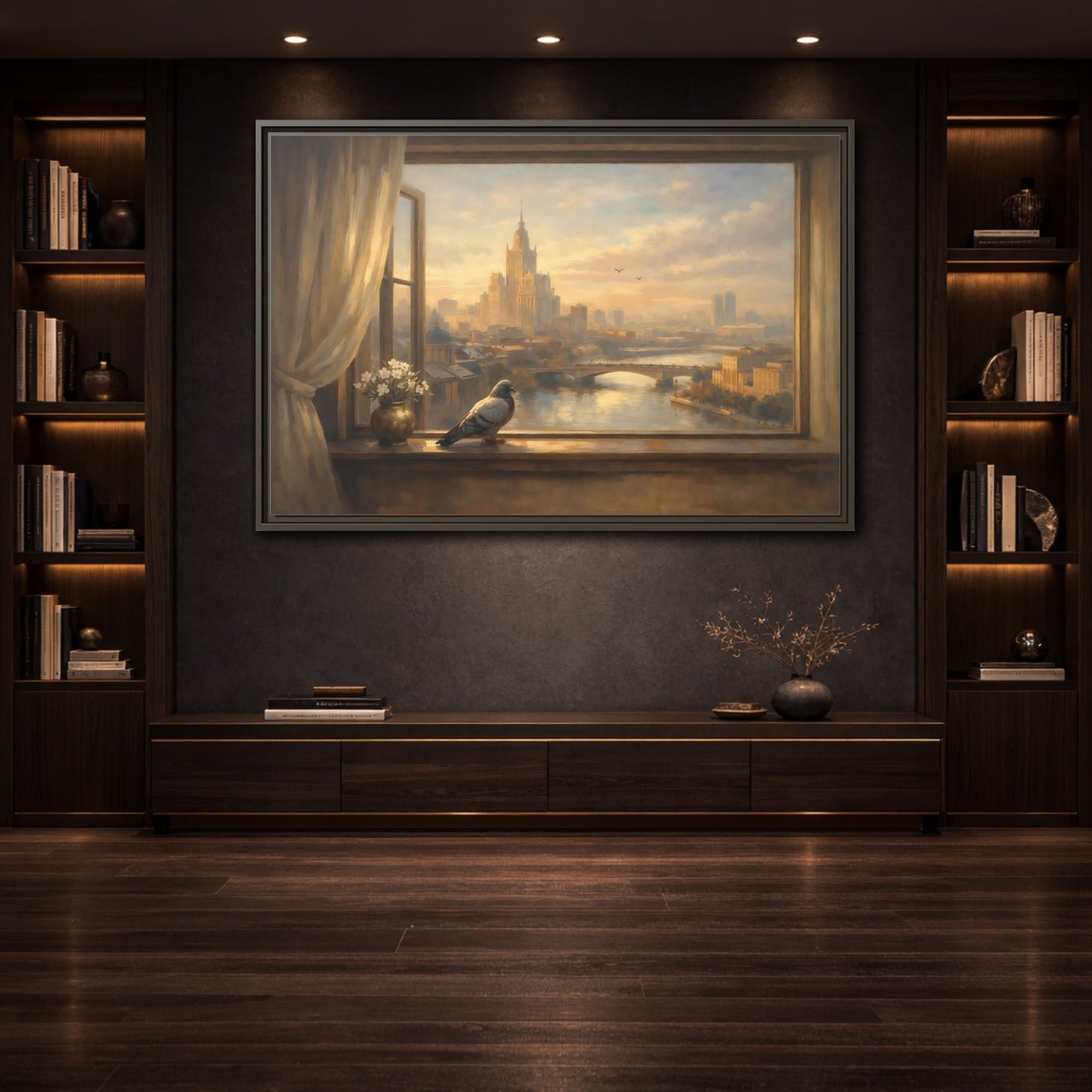 Mockup 3. Birds Pigeon Brown And Gold shown as stretched canvas wall art