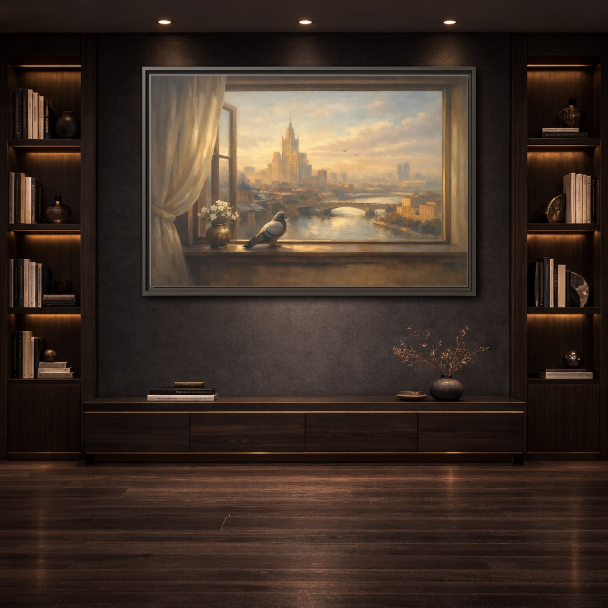 Mockup 3. Birds Pigeon Brown And Gold shown as stretched canvas wall art
