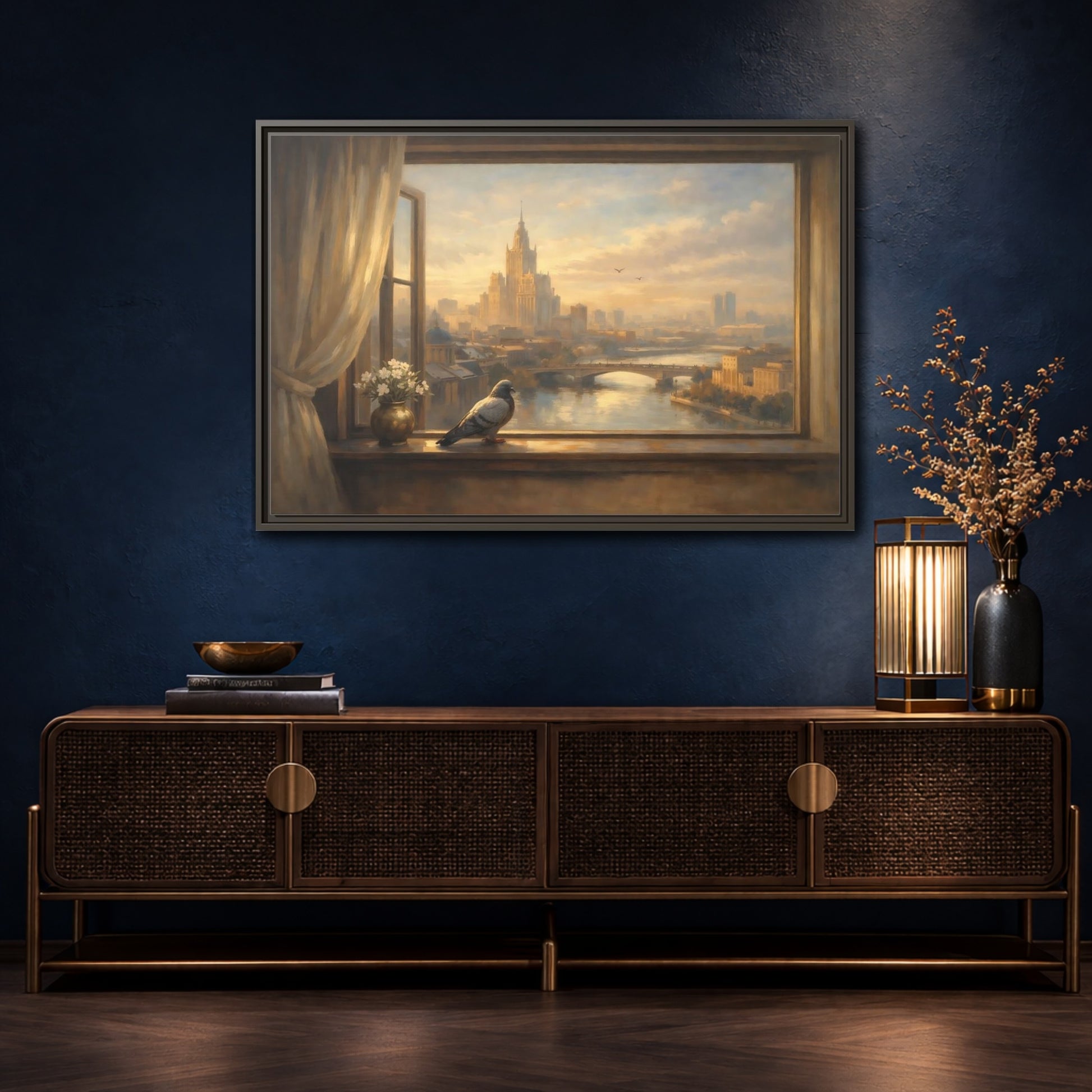 Mockup 4. Birds Pigeon Brown And Gold shown as stretched canvas wall art
