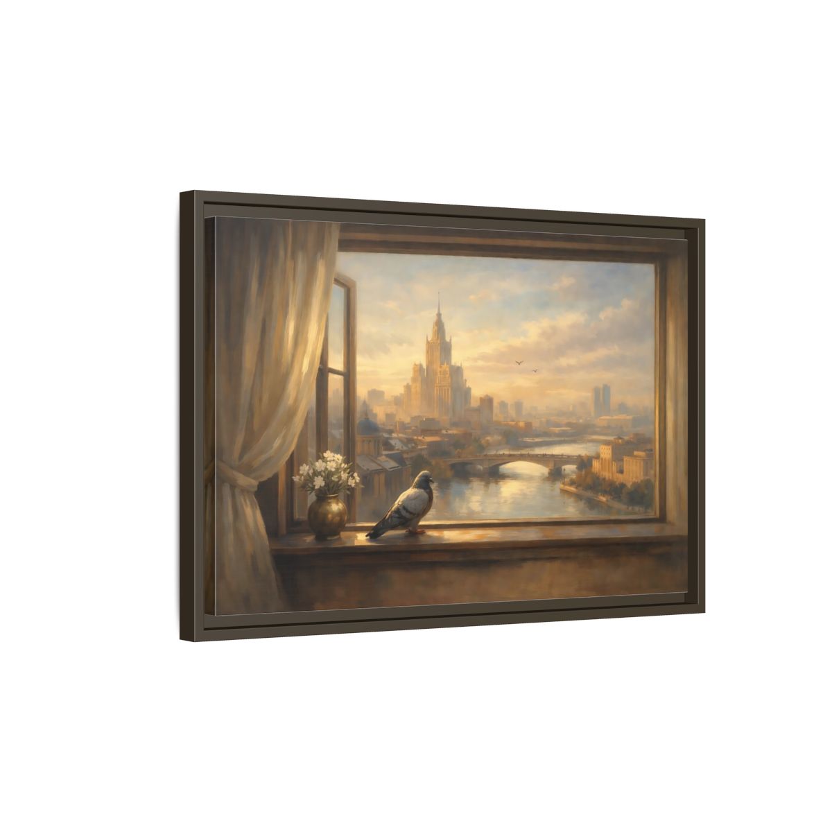 Side Mockup 2. Birds Pigeon Golden City Pigeon shown as stretched canvas wall art