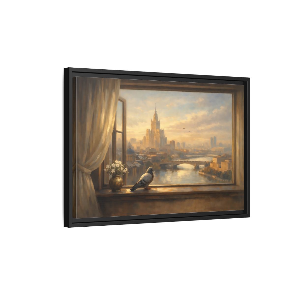 Side Mockup 3. Birds Pigeon Golden City Pigeon shown as stretched canvas wall art