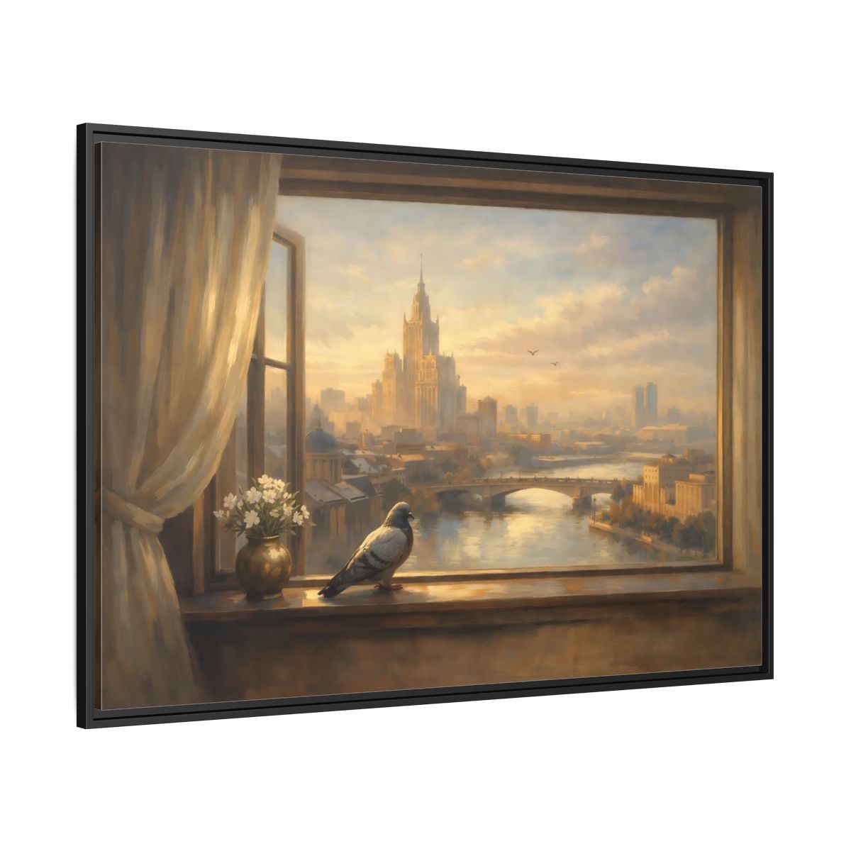 Side Mockup 12. Birds Pigeon Golden City Pigeon shown as stretched canvas wall art