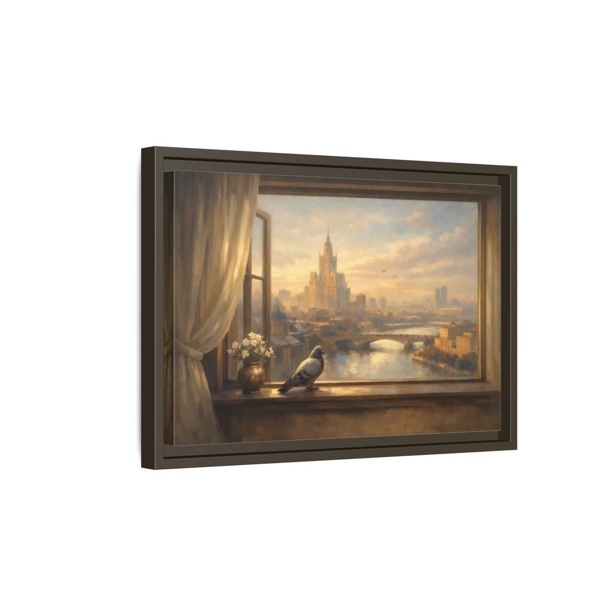 Side Mockup 5. Birds Pigeon Golden City Pigeon shown as stretched canvas wall art