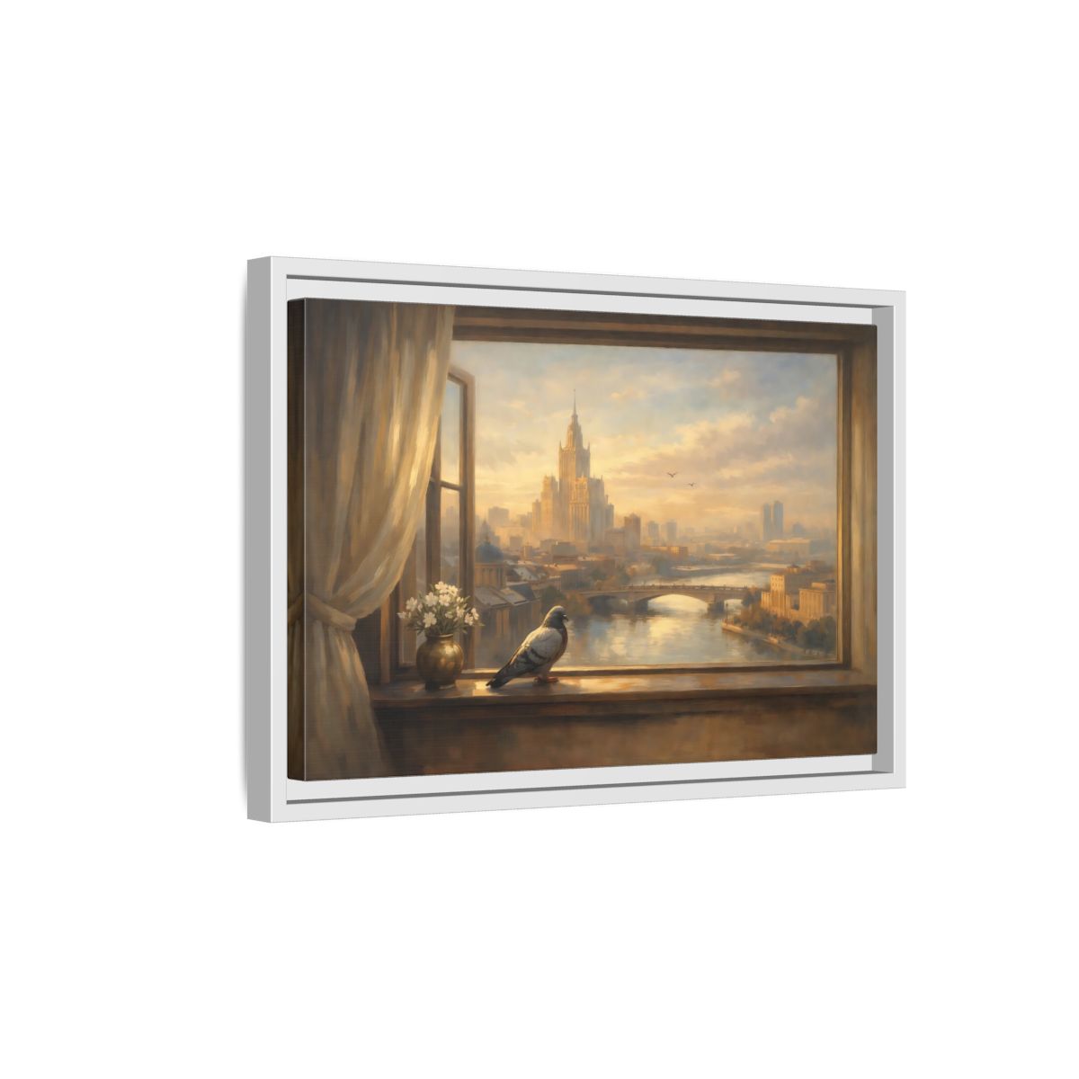 Side Mockup 4. Birds Pigeon Golden City Pigeon shown as stretched canvas wall art