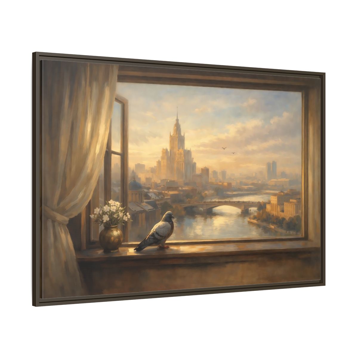 Main Mockup. Birds Pigeon Golden City Pigeon shown as stretched canvas wall art