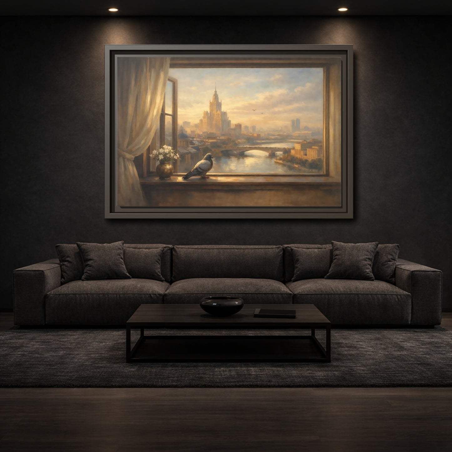Mockup 2. Birds Pigeon Golden City Pigeon shown as stretched canvas wall art
