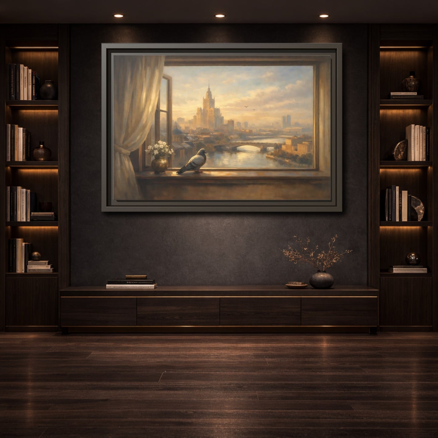 Mockup 3. Birds Pigeon Golden City Pigeon shown as stretched canvas wall art