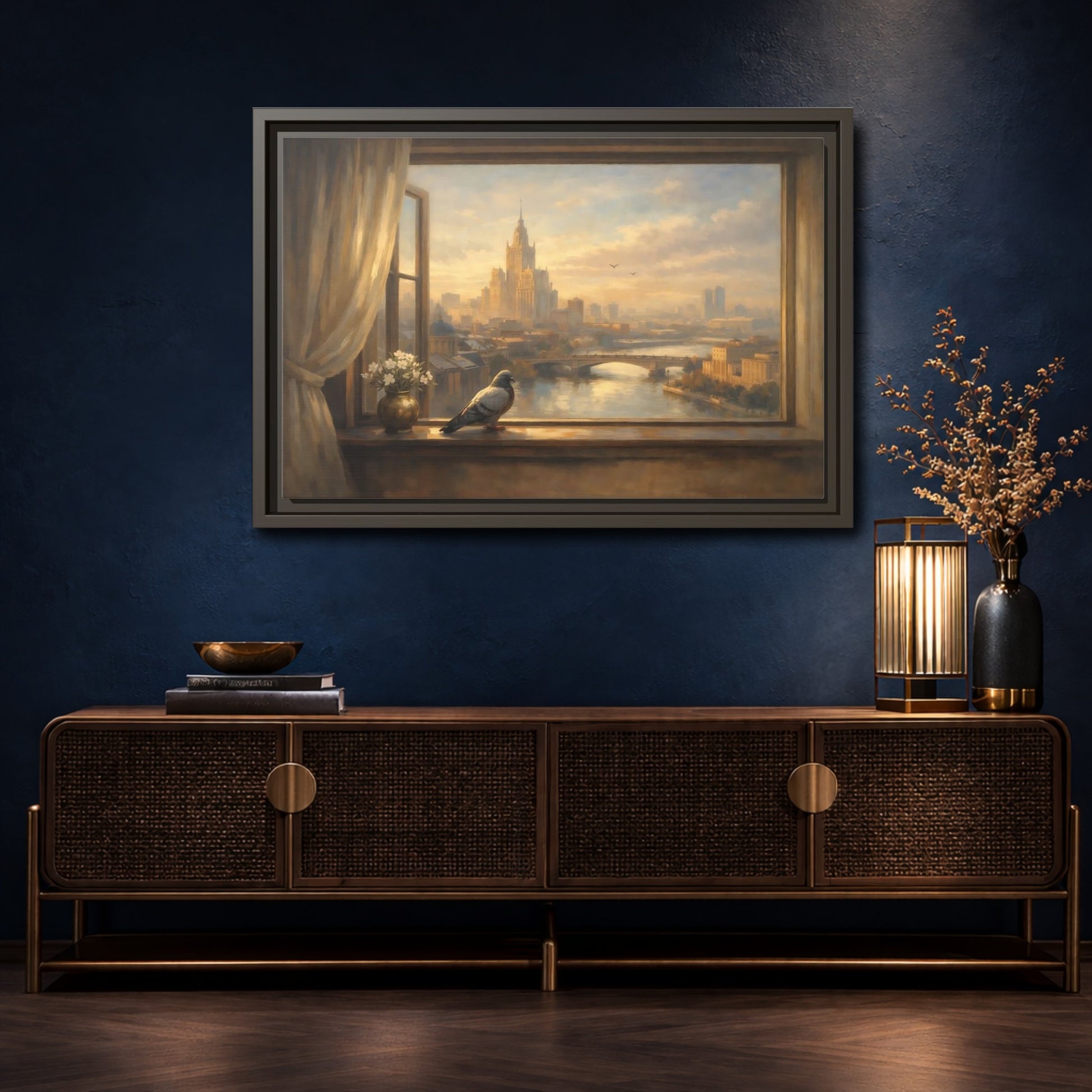 Mockup 4. Birds Pigeon Golden City Pigeon shown as stretched canvas wall art