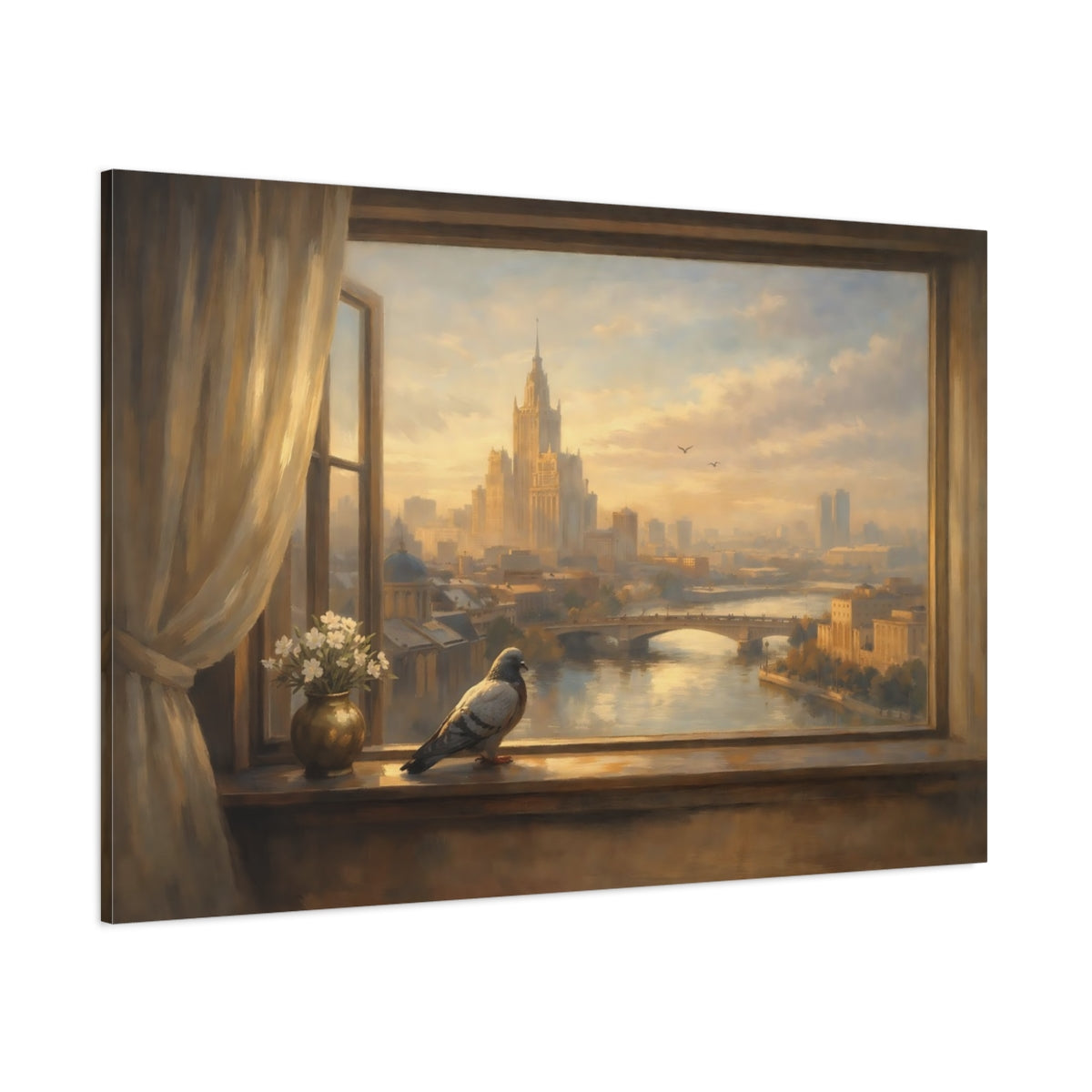 Main Mockup. Birds Pigeon Golden Cityscape shown as stretched canvas wall art
